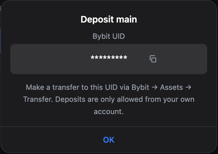 Deposit menu showing the destination UID